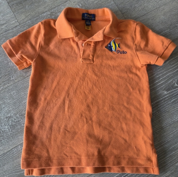 Fish-Embroidered Cotton Mesh Polo Shirt, Orange, Size 4 - Picture 2 of 4